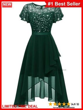 Womens Sequin Lace Chiffon High Low Semi Formal Bridesmaid Homecoming Dress